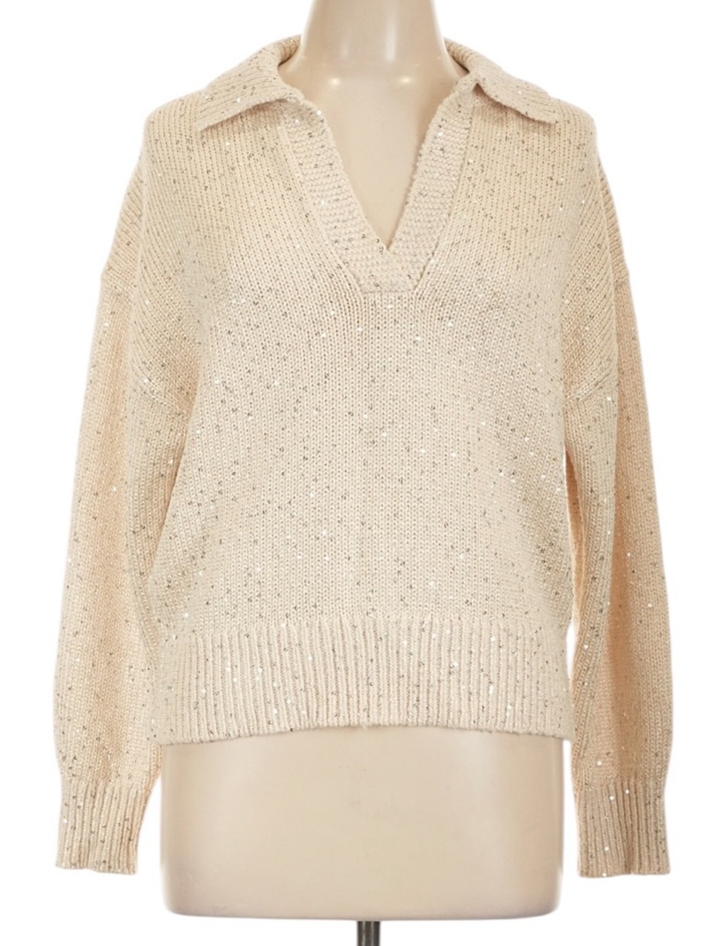 J. Crew Sequin Sweater Polo Size Large Cream V-Neck Collar Sparkle Holiday - Picture 2 of 8